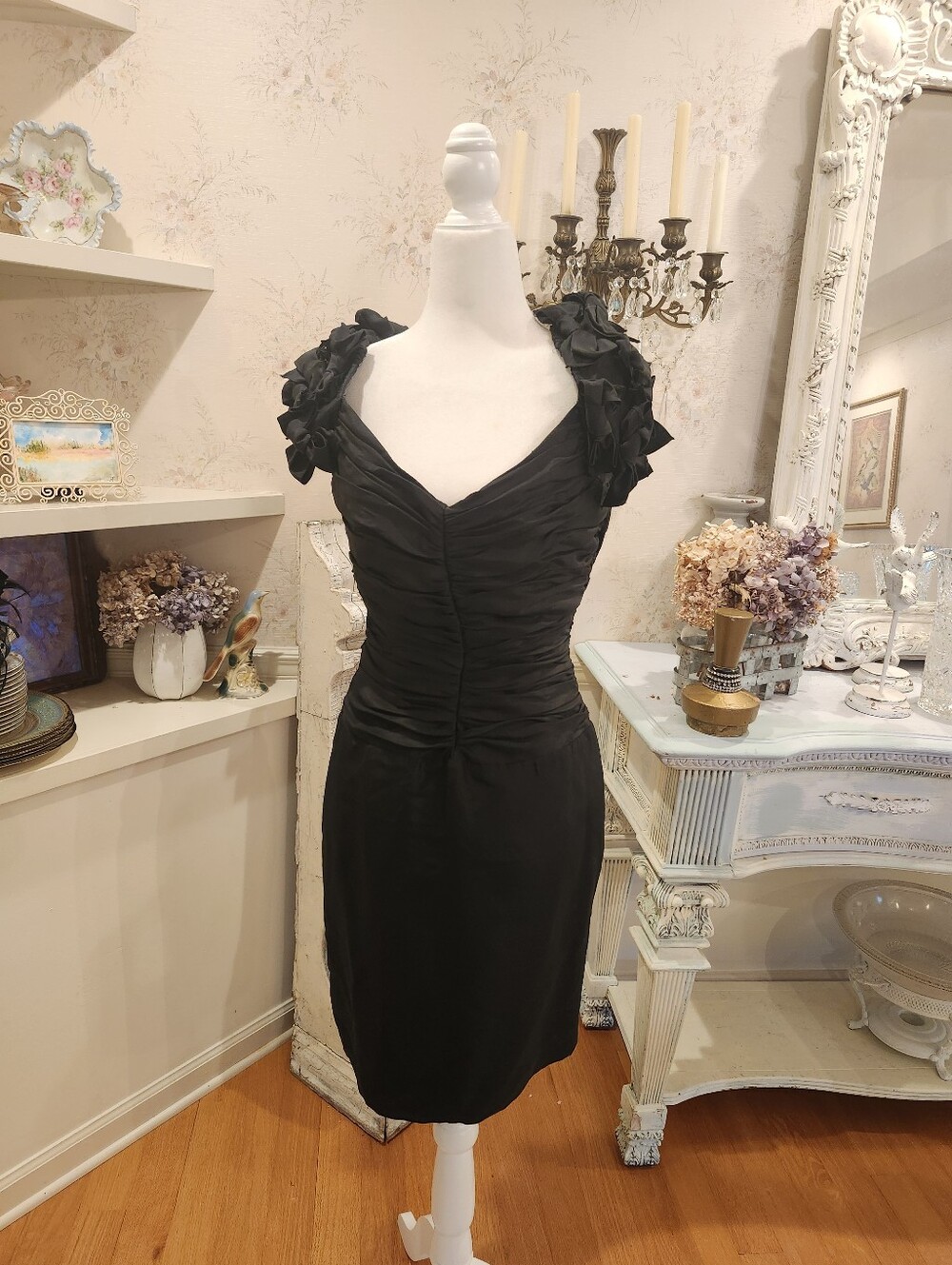 Vintage Silk Studio Black Cocktail Dress Silk Rosette Ruched Party 80's Size 4